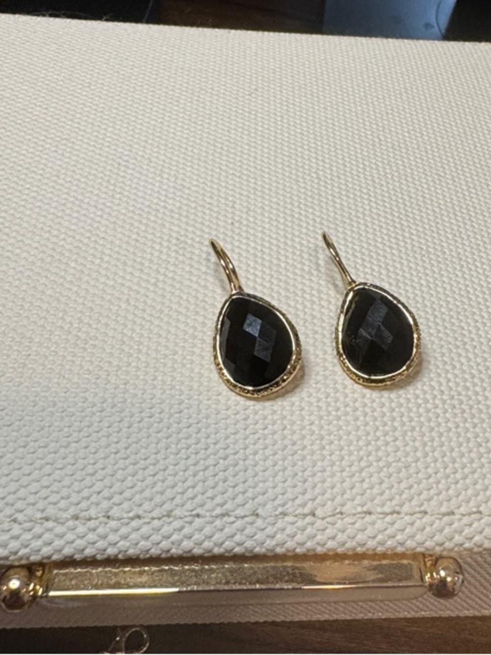 Faceted Black Teardrop Earrings with Gold Trim